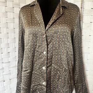 BANANA REPUBLIC Geometric Print Blouse Gold Brown Silk Long Sleeve Top M Career